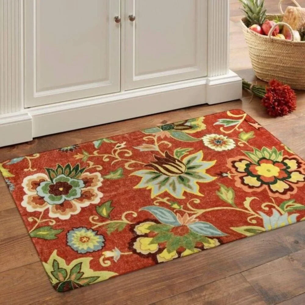 New 2 x 3ft Red Kitchen Area Rug, Washable Non-Slip Floral Mat for Home & Entry